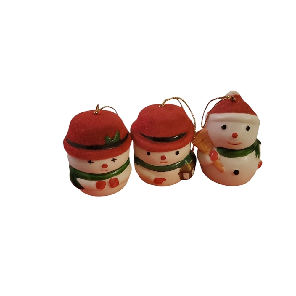 Vintage porcelain snowmen bells with flocked hats